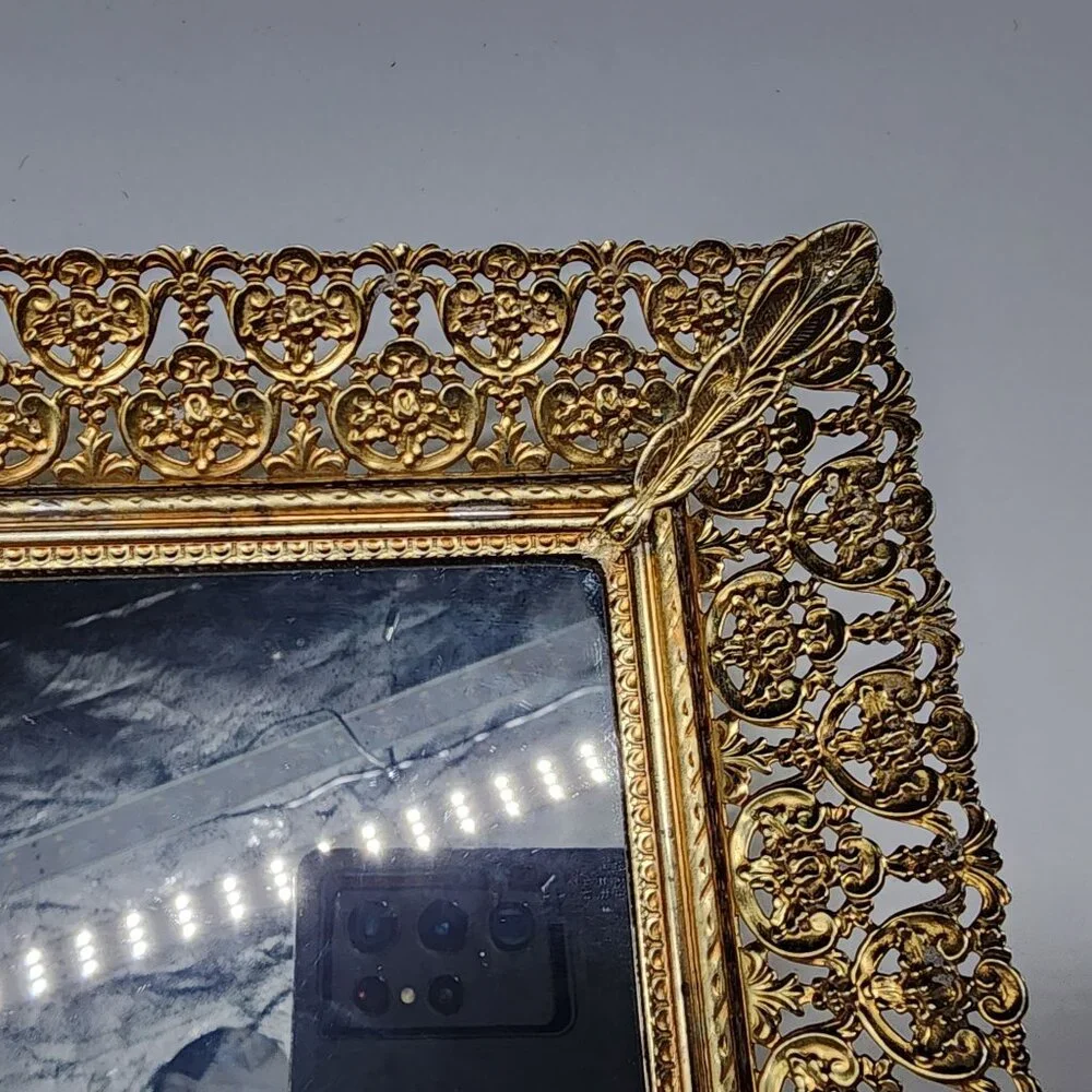 Gold Tone Filigree Mirrored Vanity Tray Wall Hanging Rectangle Hollywood Regency
